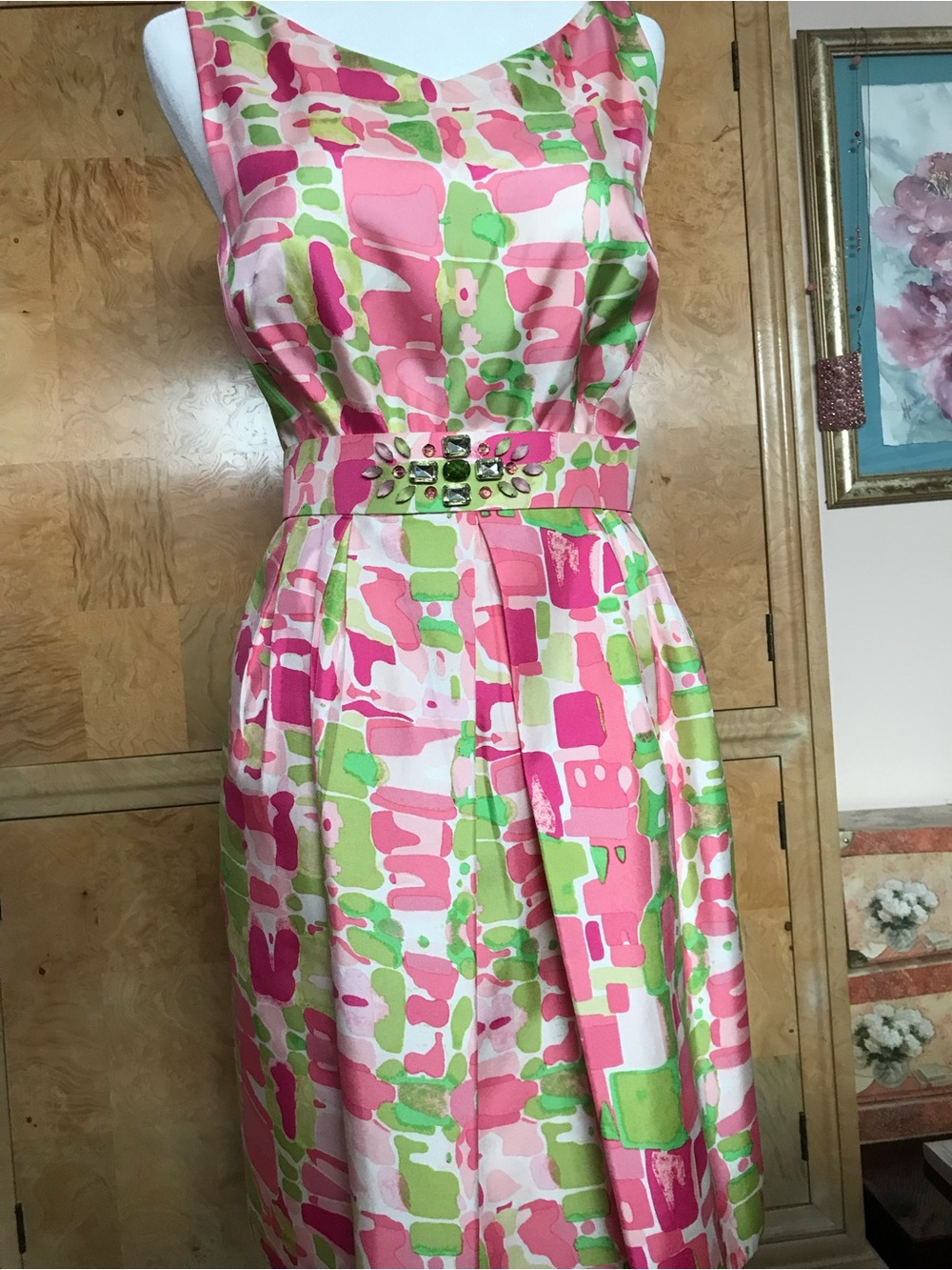 Kay Unger Pink & Green Abstract Print Midi Dress Size 10